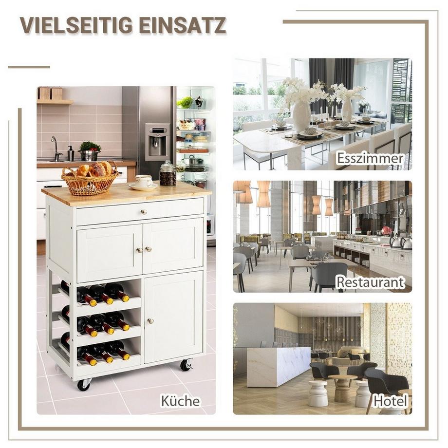 Northix Carrello da cucina in legno carrello da servizio carrello da cucina con 3 portabottiglie  
