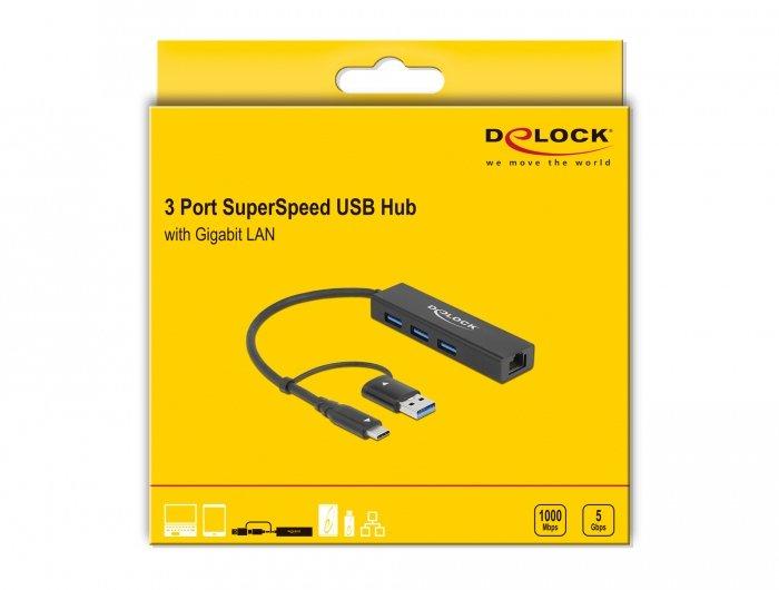 DeLock  Hub USB 3.2 Gen 1 a 3 porte + Gigabit LAN con connettore USB Type-C o USB Tipo-A 