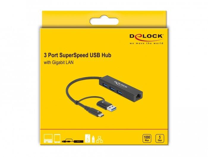 DeLock  64149 hub & concentrateur USB 3.2 Gen 1 (3.1 Gen 1) Type-A + Type-C Noir 