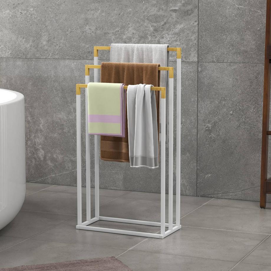 Northio Porte-Serviettes Autoportant Avec 3 Porte-Serviettes Porte-Serviettes De Bain Pour Salle De Bain En Acier Bambou Blanc  