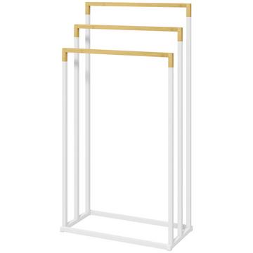Porte-Serviettes Autoportant Avec 3 Porte-Serviettes Porte-Serviettes De Bain Pour Salle De Bain En Acier Bambou Blanc