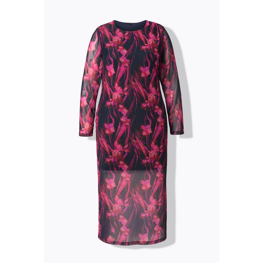 Ulla Popken Maxi Abito in Mesh Arricciatura Scollo Rotondo Maniche Lunghe  