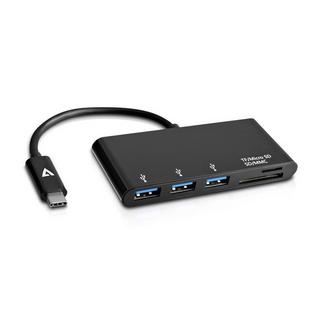 V7  Adaptador USB negro con conector USB-C macho a 3 hembras: USB 3.0 A; Micro SD; SD/MMC 