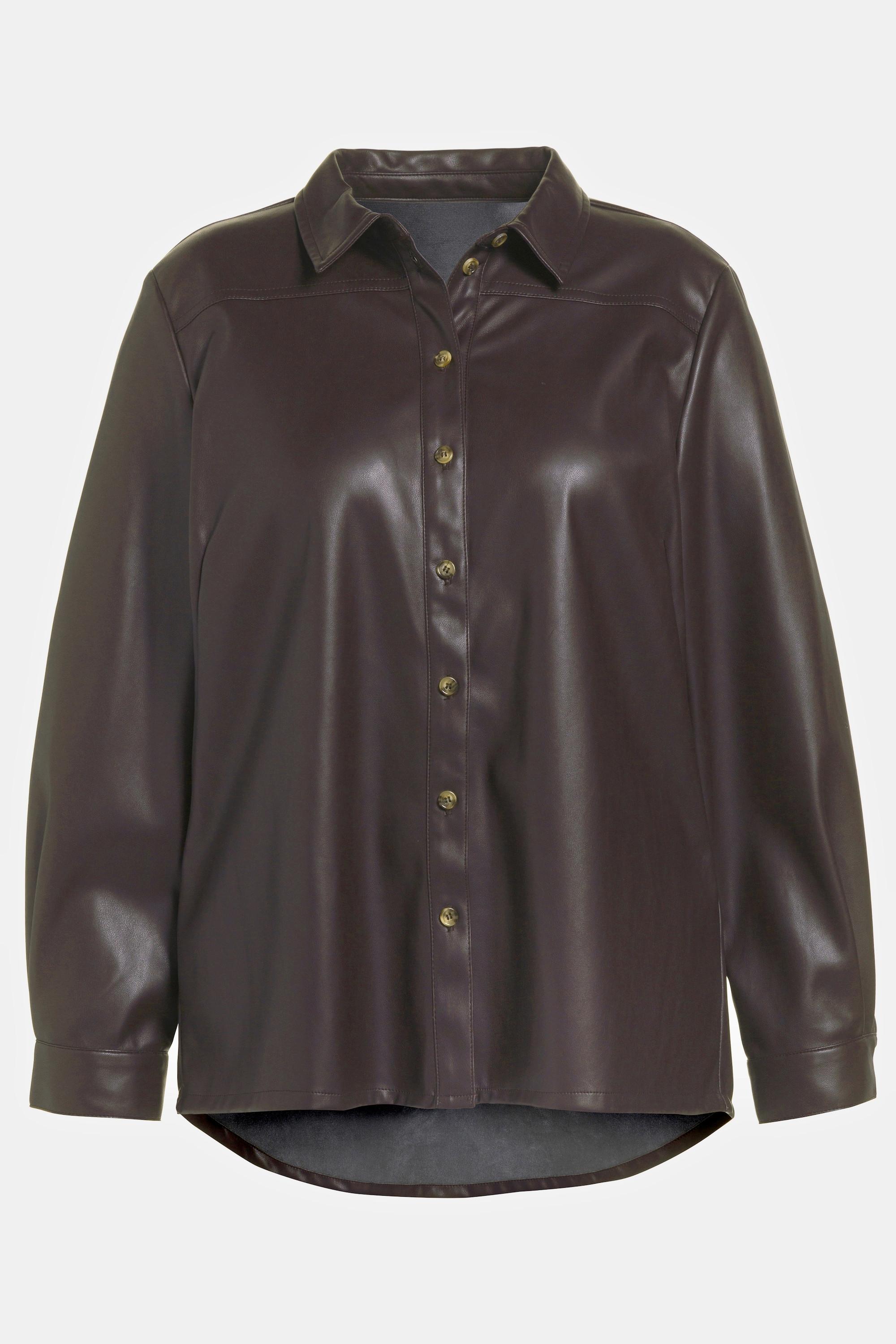 Ulla Popken  Blusa in similpelle con colletto da camicia, cucitura trasversale e maniche lunghe 