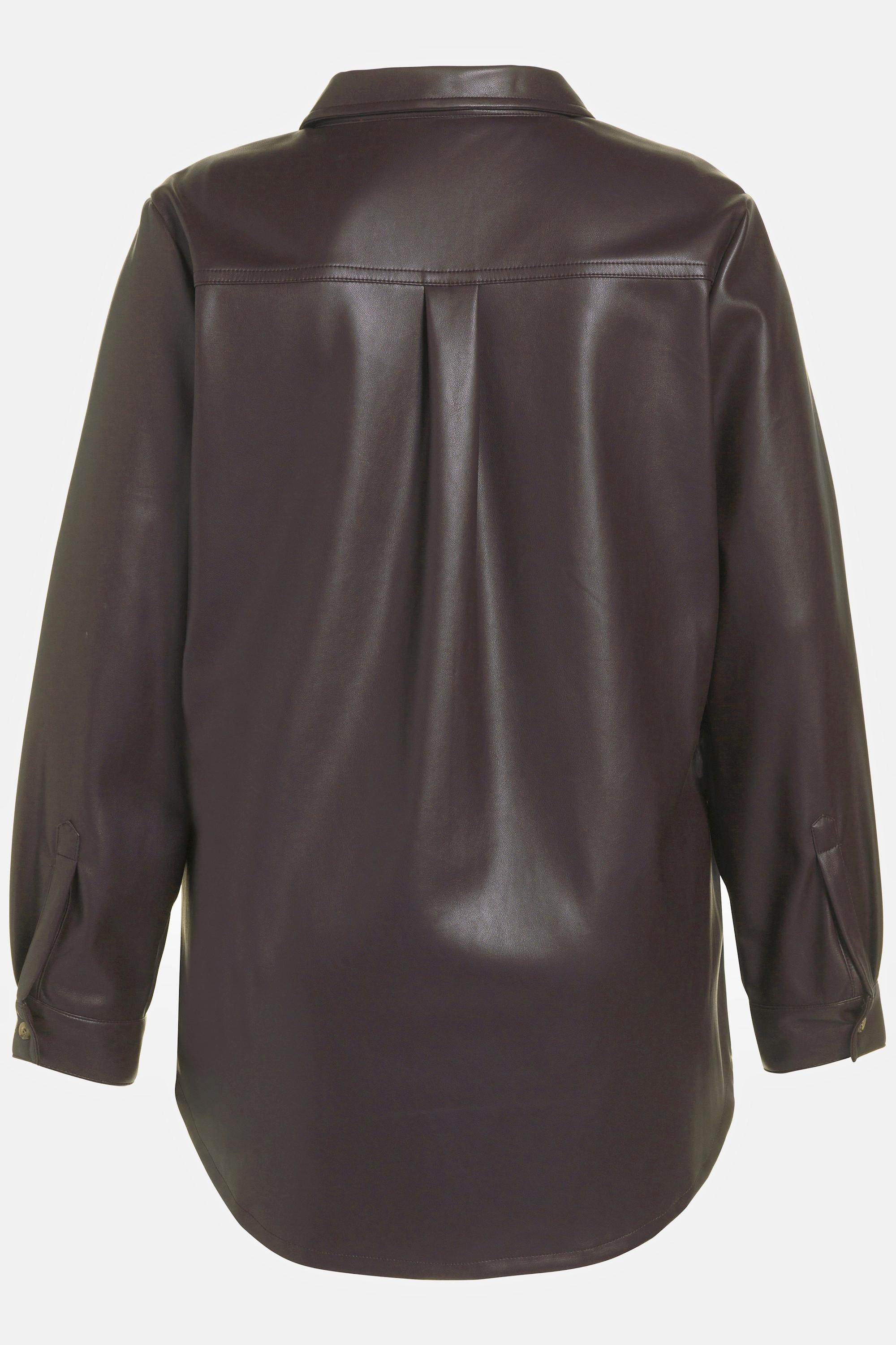 Ulla Popken  Blusa in similpelle con colletto da camicia, cucitura trasversale e maniche lunghe 