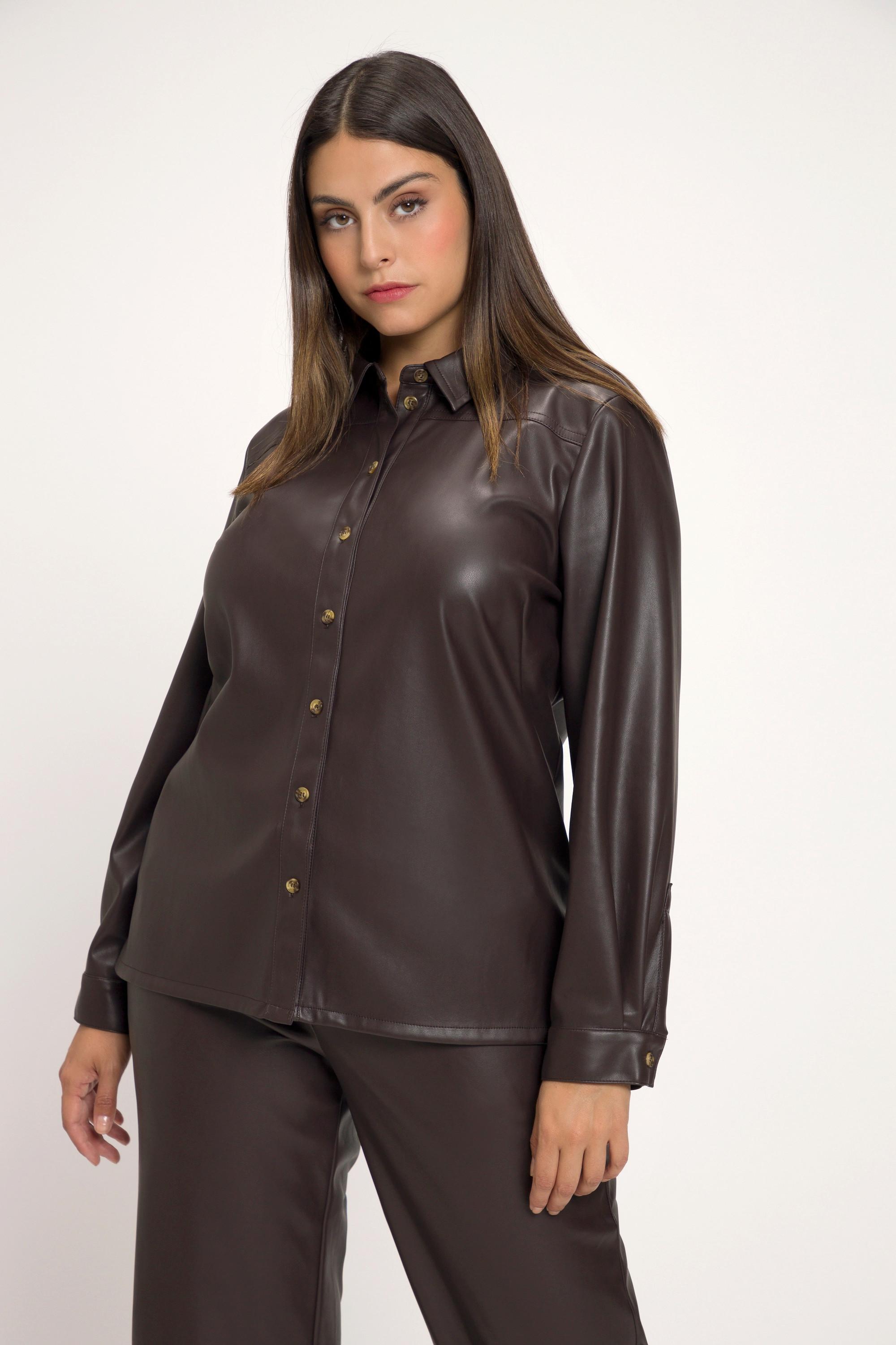 Ulla Popken  Blusa in similpelle con colletto da camicia, cucitura trasversale e maniche lunghe 