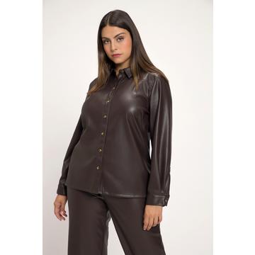 Blusa in similpelle con colletto da camicia, cucitura trasversale e maniche lunghe