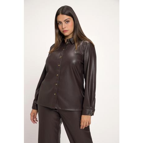 Ulla Popken  Blusa in similpelle con colletto da camicia, cucitura trasversale e maniche lunghe 