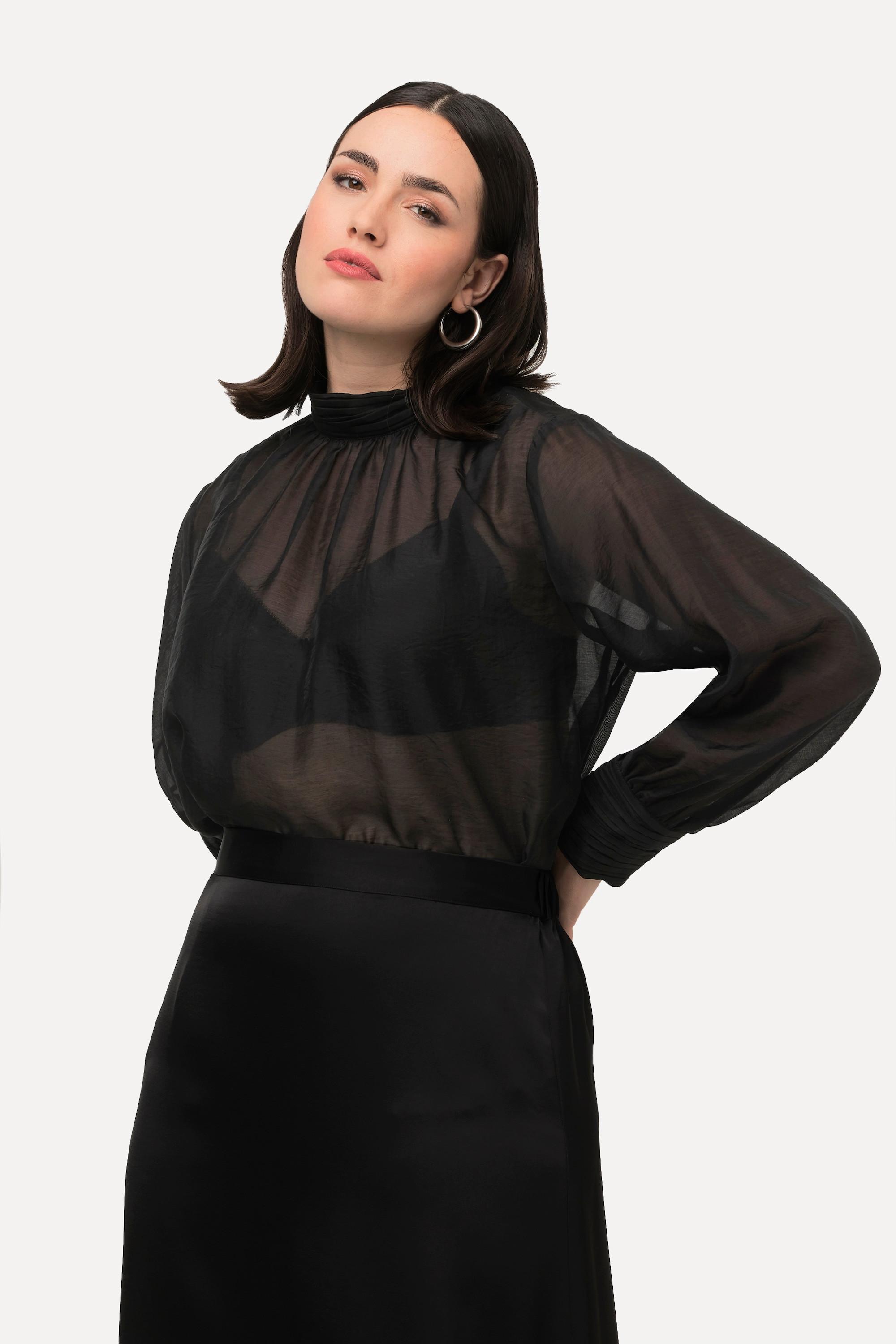 Ulla Popken  Blouse en Lyocell à manches longues et col montant, plis fantaisie 