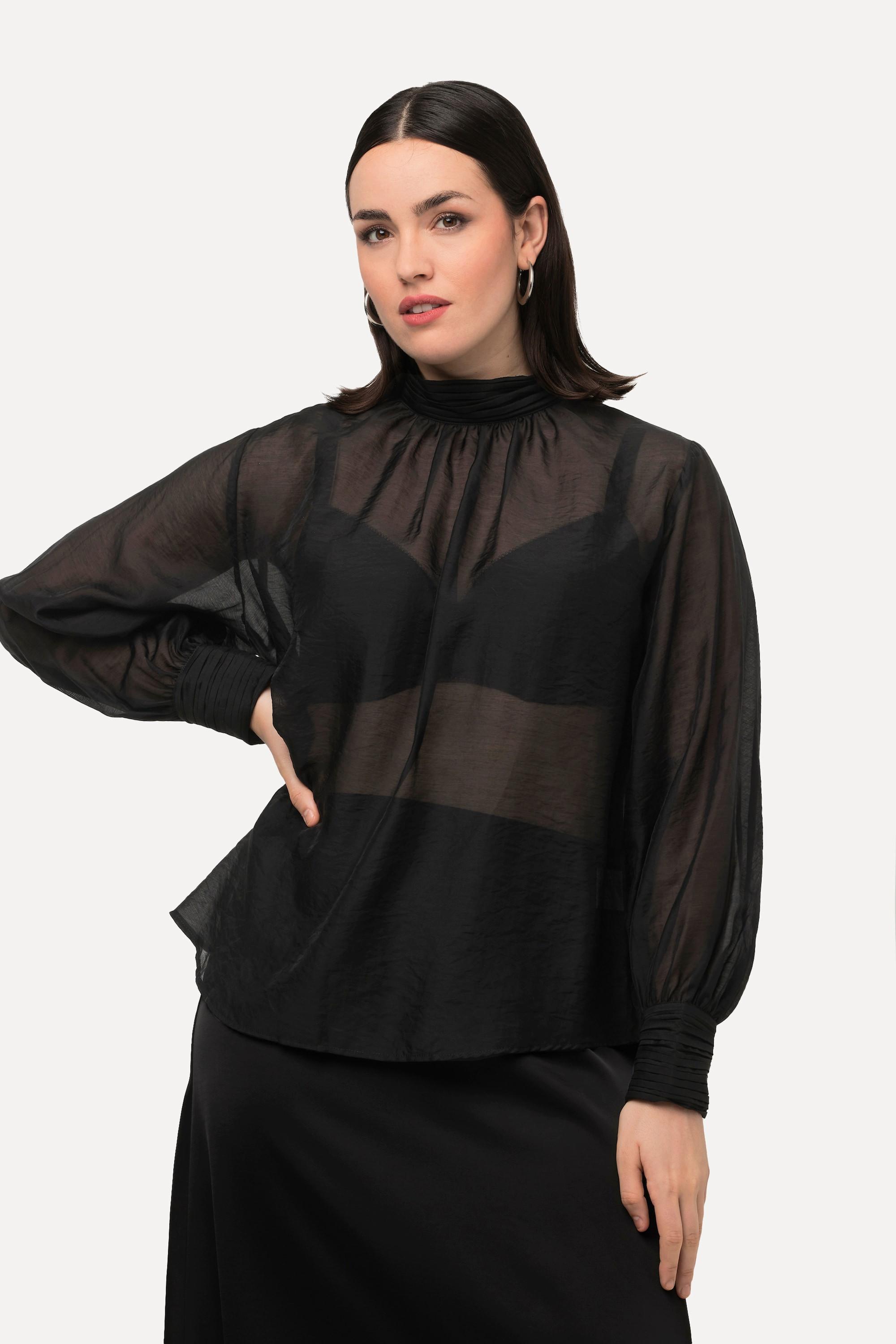 Ulla Popken  Blusa con lyocell, pieghe decorative, collo alto e maniche lunghe 