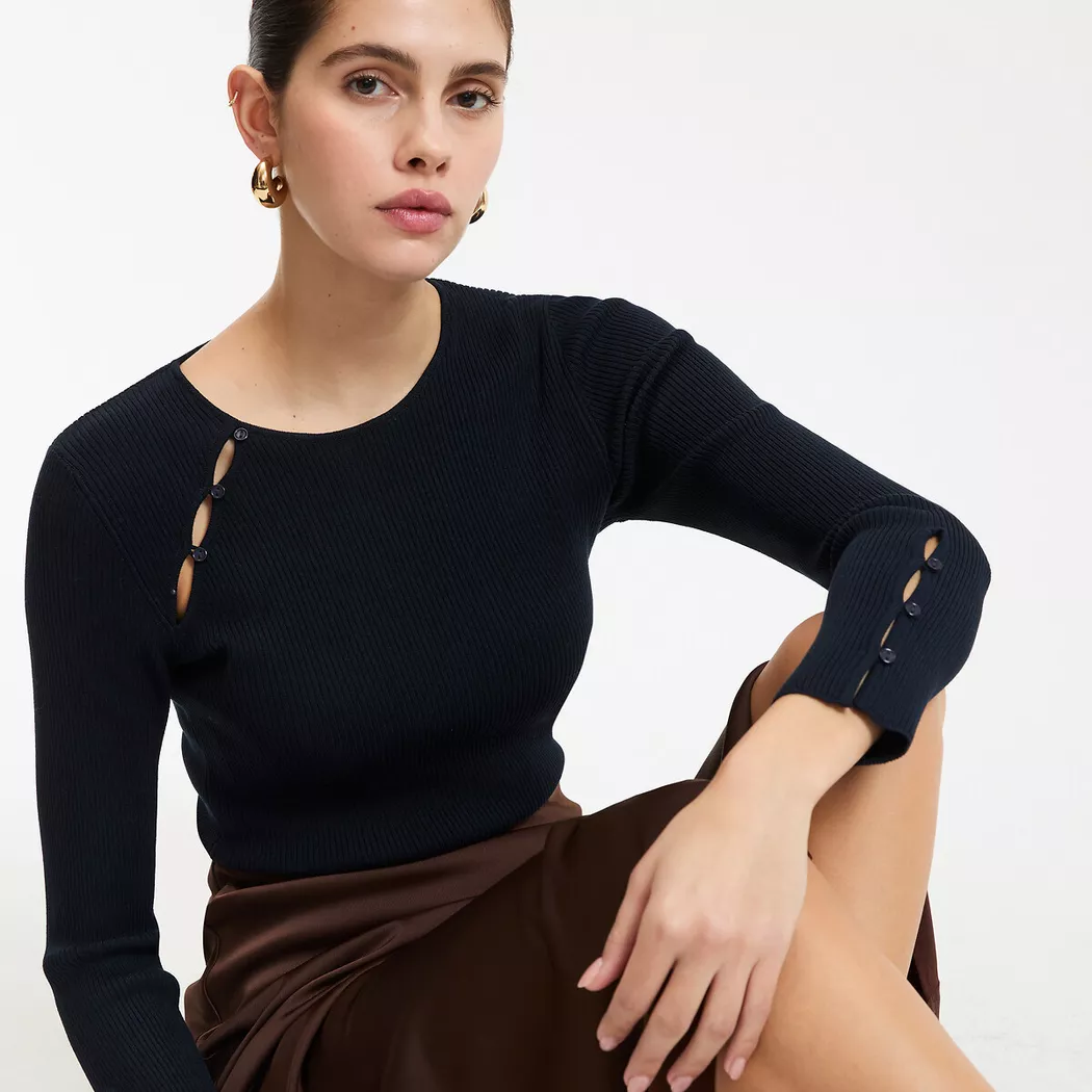 La Redoute Collections - Pullover mit Rundhalsausschnitt und langen Ärmeln aus feinem Rippenstrick, für Damen, Marine, Größe L