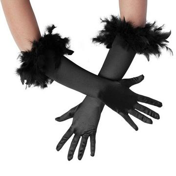 Lange Satin-Handschuhe mit Federn