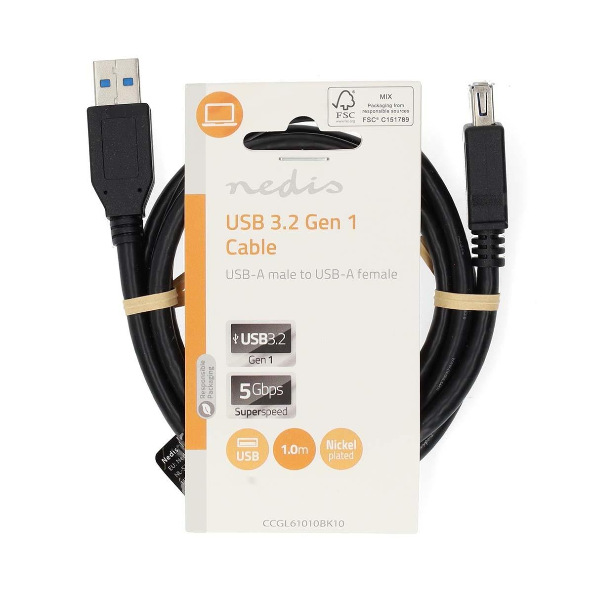 Nedis  Câble USB | USB 3.2 Gen 1 | USB-A mâle | USB-A femelle | 5 Gbps | Nickelé | 1,00 m | Rond | PVC | Noir | Etiquette 
