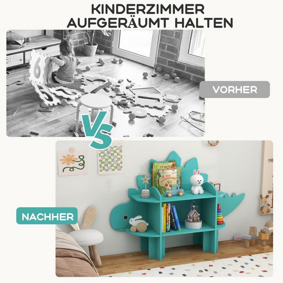 Northix Dinosaurier Bücherregal für Kinder Spielzeug-Aufbewahrungsorganisator mit offenen Regalen  
