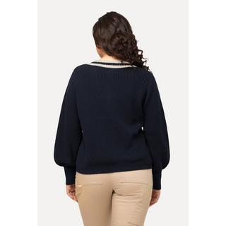 Ulla Popken  Pull, motif tressé, col en V à rayures, manches longues 