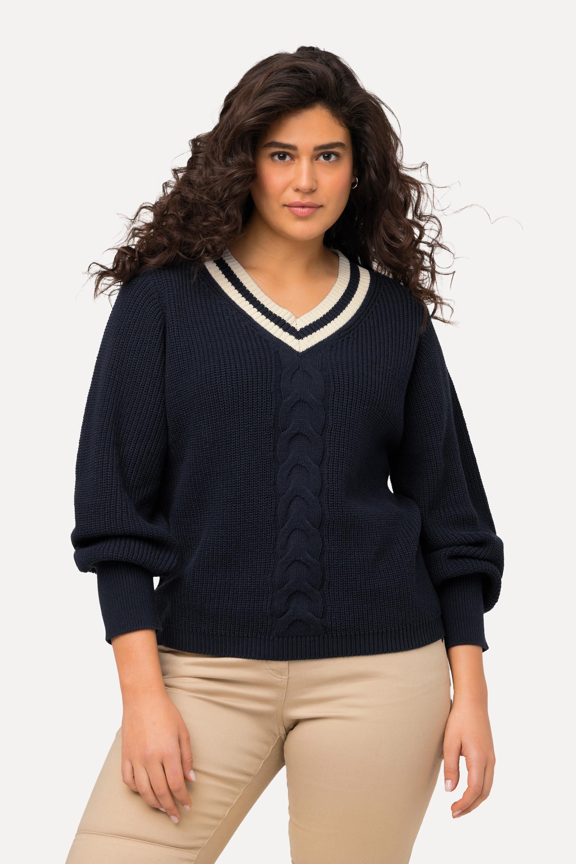 Ulla Popken  Pullover, Zopfmuster, Streifen-V-Ausschnitt, Langarm 