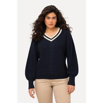 Pull, motif tressé, col en V à rayures, manches longues