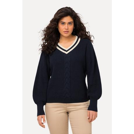 Ulla Popken  Pullover, Zopfmuster, Streifen-V-Ausschnitt, Langarm 