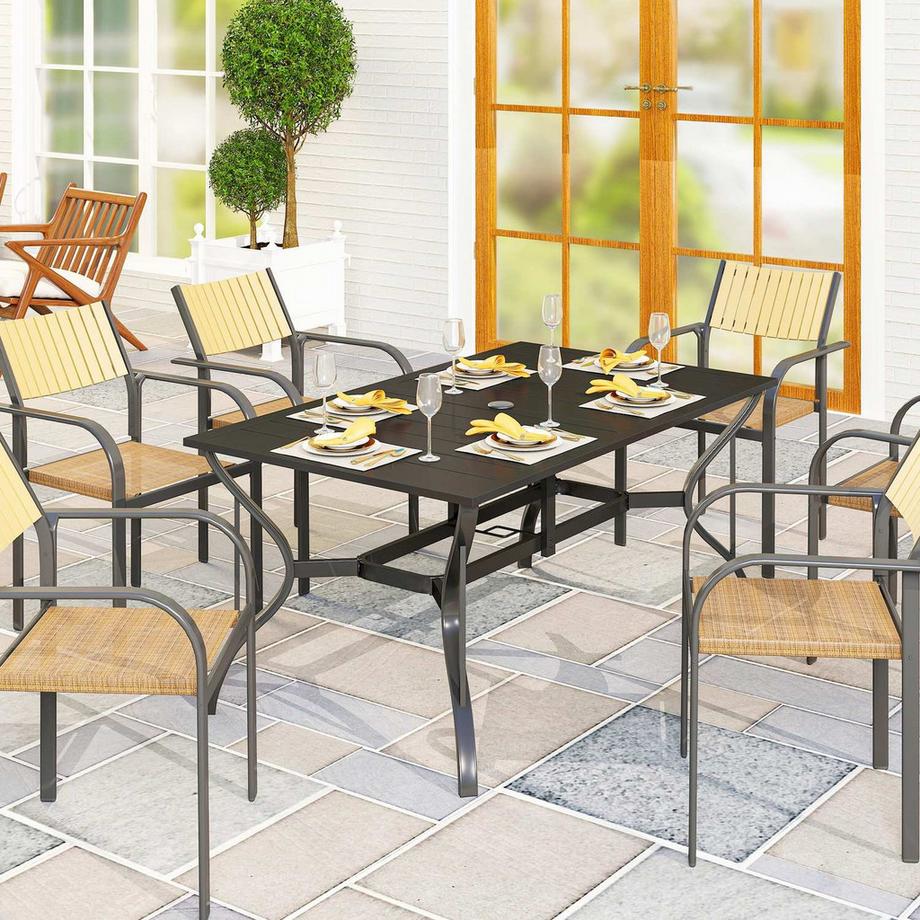 Northio Gartentisch Stahl 150x90 cm Wetterfest Balkontisch mit Schirmloch, Lamellen-Design Buffettisch Campingtisch für 6 Personen Terrassentisch Outdoor Esstisch für Garten, Terrasse Balkon Schwarz |  