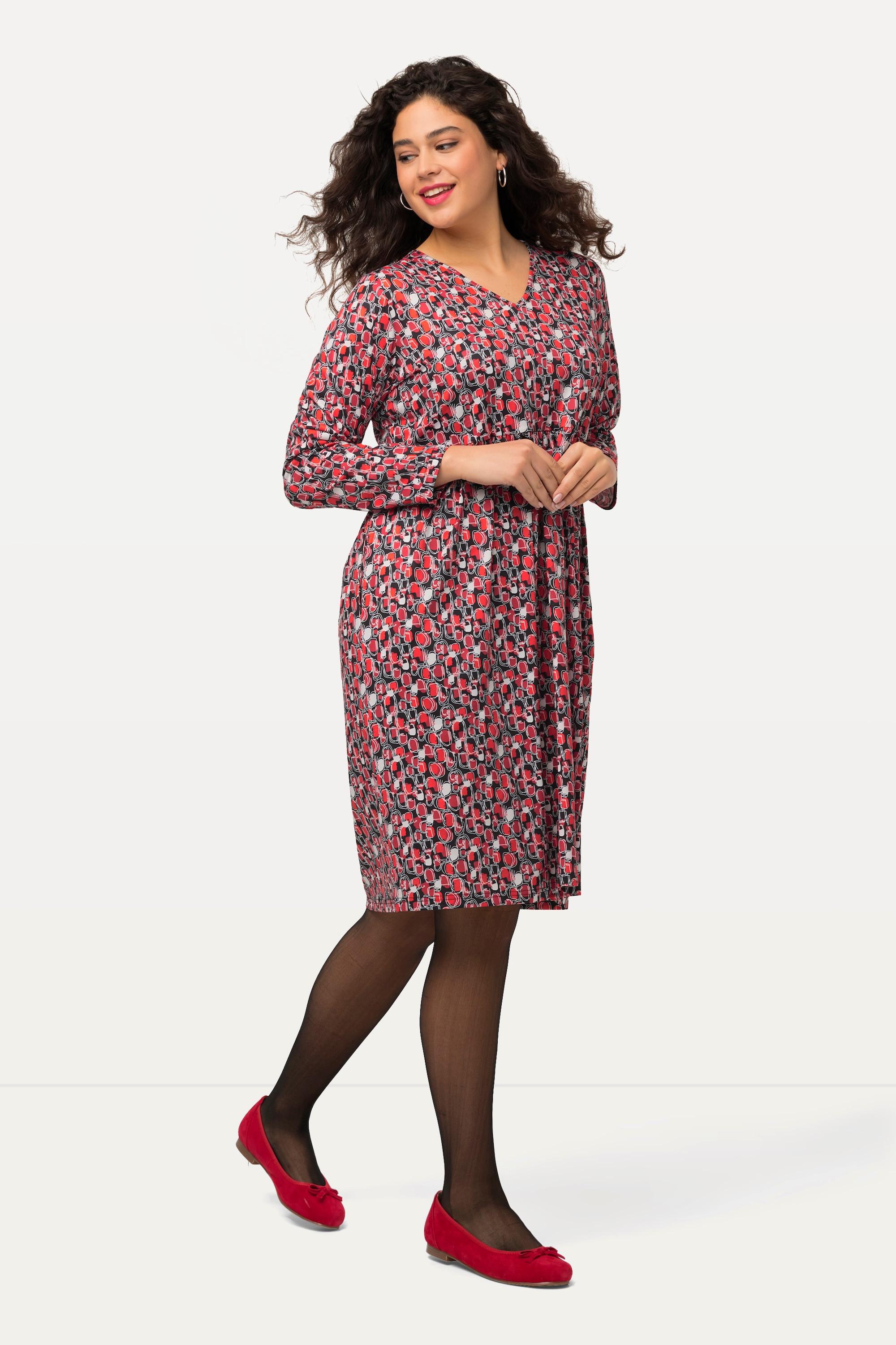 Ulla Popken  Kleid, kurz, Jersey mit Allover Print, V-Ausschnitt, Langarm 