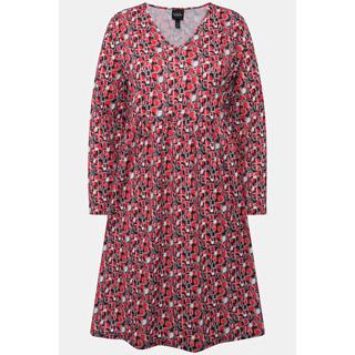 Ulla Popken  Robe courte en jersey à col en V et manches longues, motif imprimé 