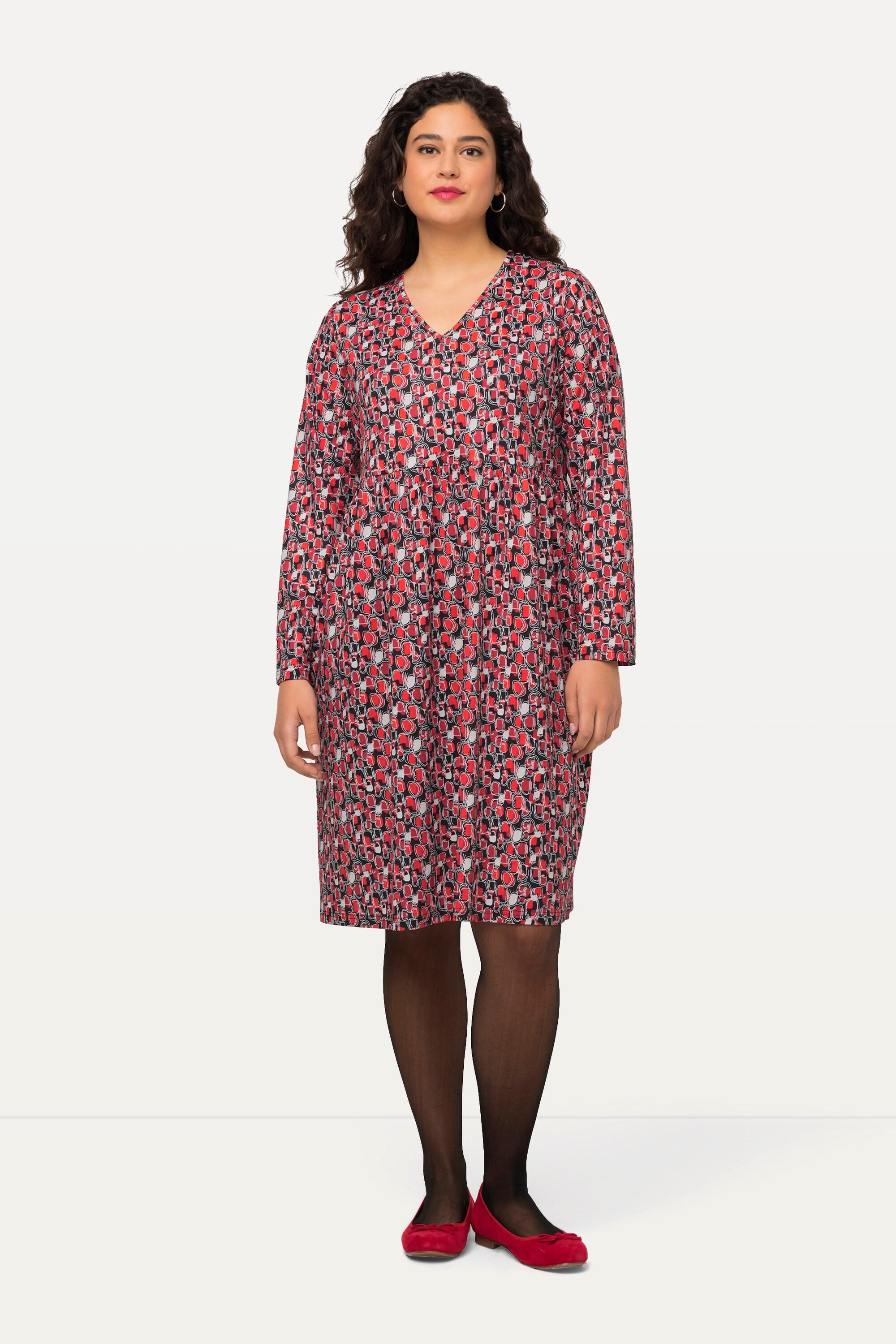 Ulla Popken  Kleid, kurz, Jersey mit Allover Print, V-Ausschnitt, Langarm 