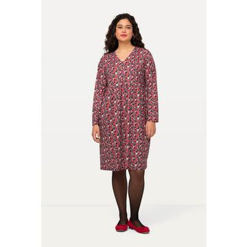 Kleid, kurz, Jersey mit Allover Print, V-Ausschnitt, Langarm