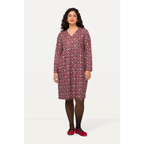 Ulla Popken  Kleid, kurz, Jersey mit Allover Print, V-Ausschnitt, Langarm 