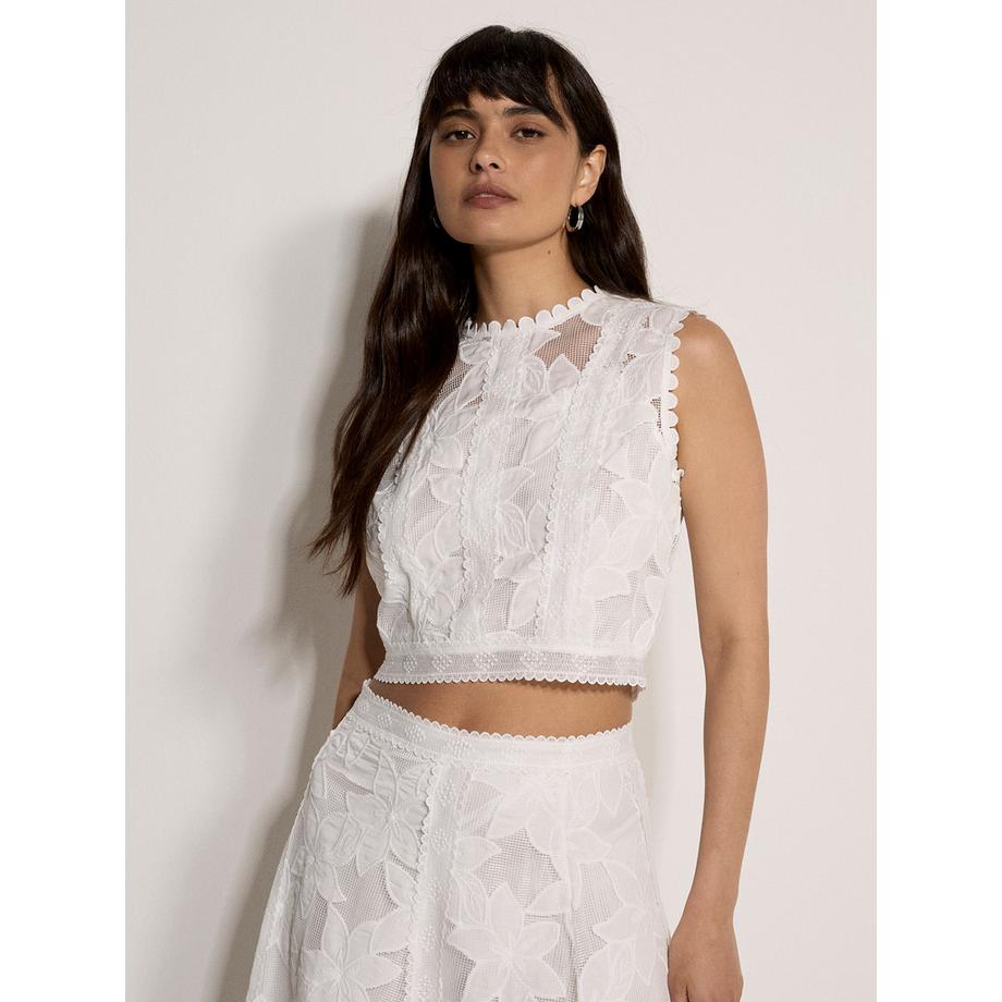 Crop-Top aus floraler Mesh-Spitze