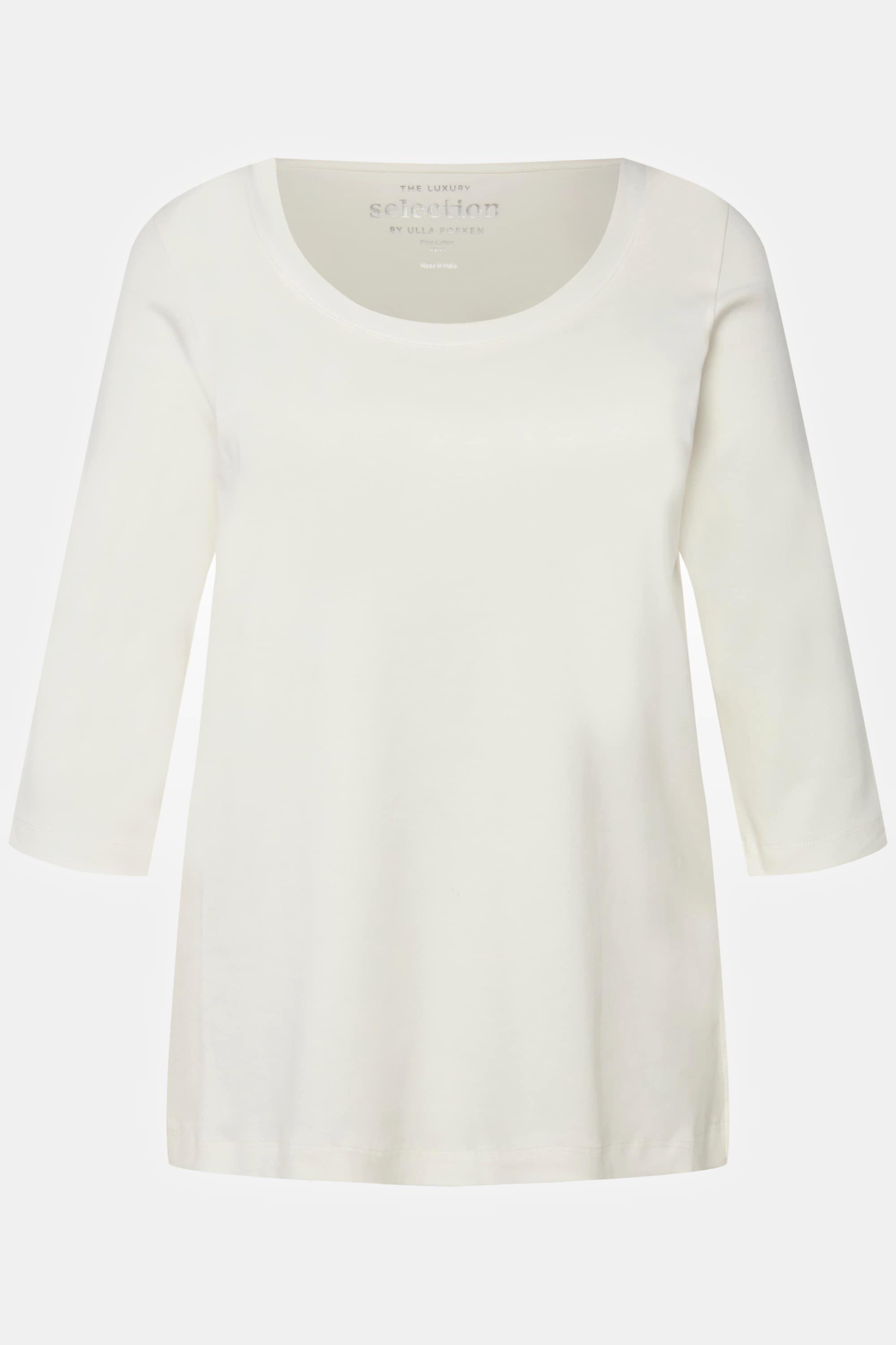 Ulla Popken  T-shirt en coton Pima. Col rond et manches 3/4. Ligne A. 