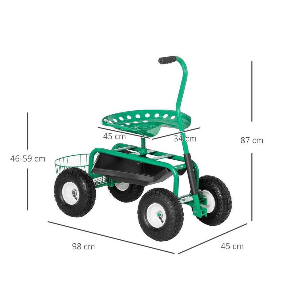 Northio  Chariot De Jardin, Chariot D'Atelier, Siège De Jardin Avec Siège Pivotant, Panier De Rangement, Réglable En Hauteur, Capacité De Charge De 150 Kg, Métal + Caoutchouc, Vert, 81 X 44,5 X 46-59 Cm 