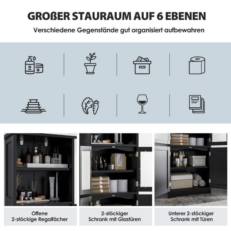 Northix Mobiletto da bagno con ante in vetro, 2 vani aperti e ripiani regolabili  