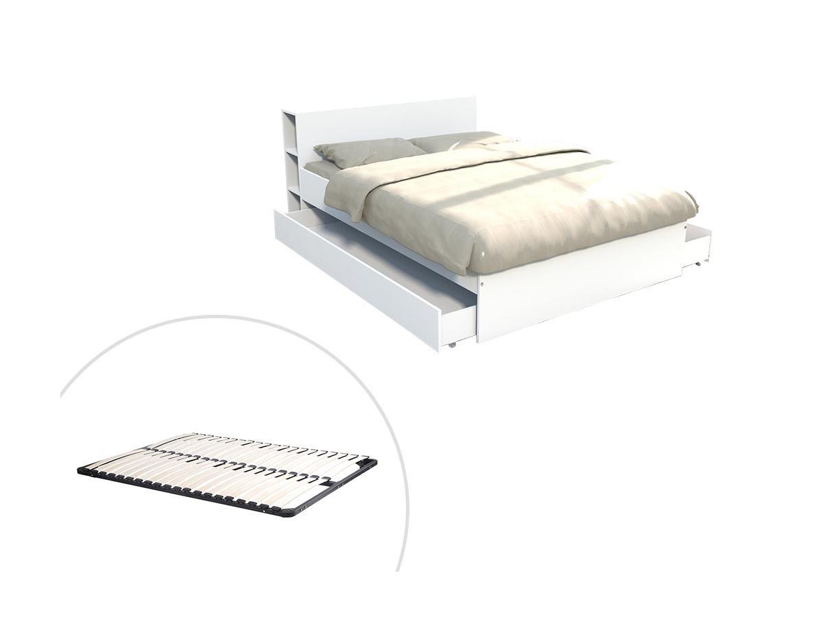 Vente-unique Letto con testata vani portaoggetti e cassetti 160 x 200 cm Bianco + Rete - EUGENE  