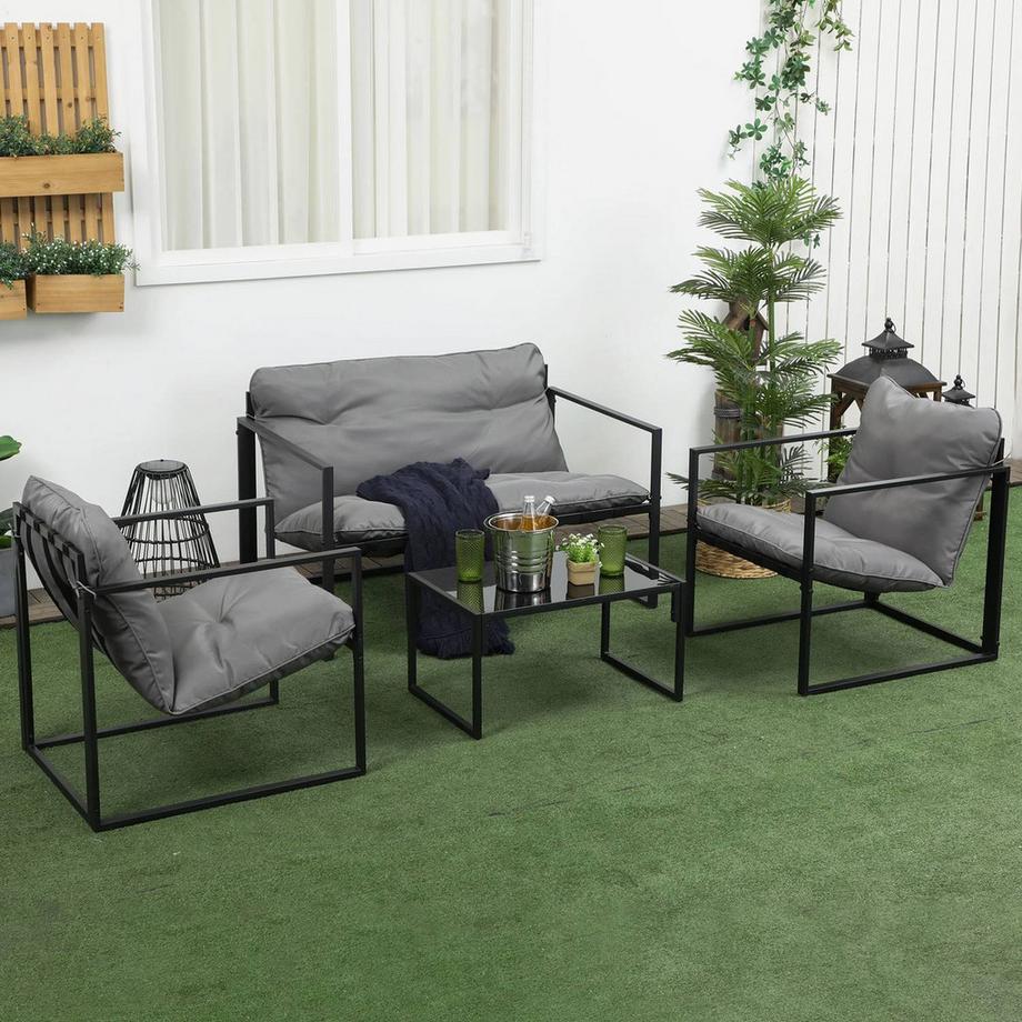 Northio Balkonmöbel Mit Sitzkissen, Gartenlounge-Set, Doppelsofa, 2 Sessel, Couchtisch, Grau+Schwarz  