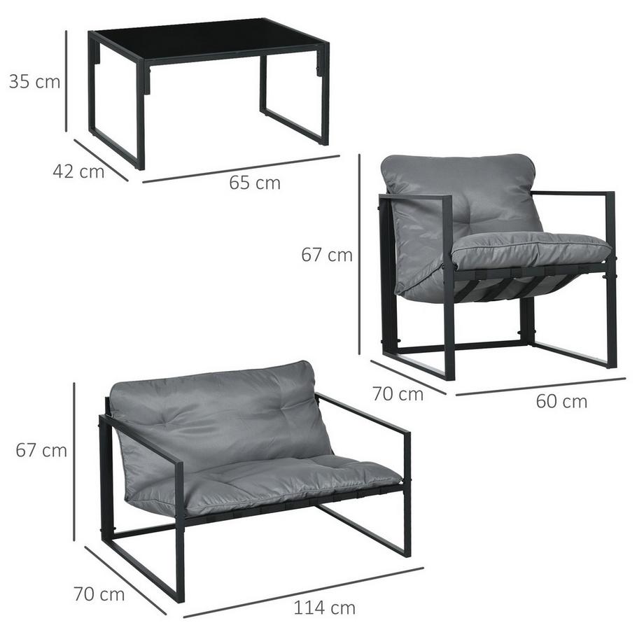 Northio Balkonmöbel Mit Sitzkissen, Gartenlounge-Set, Doppelsofa, 2 Sessel, Couchtisch, Grau+Schwarz  