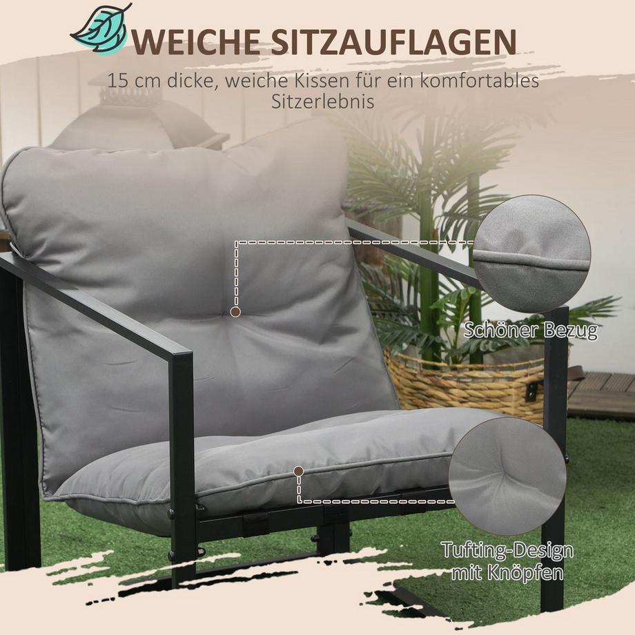 Northio Balkonmöbel Mit Sitzkissen, Gartenlounge-Set, Doppelsofa, 2 Sessel, Couchtisch, Grau+Schwarz  