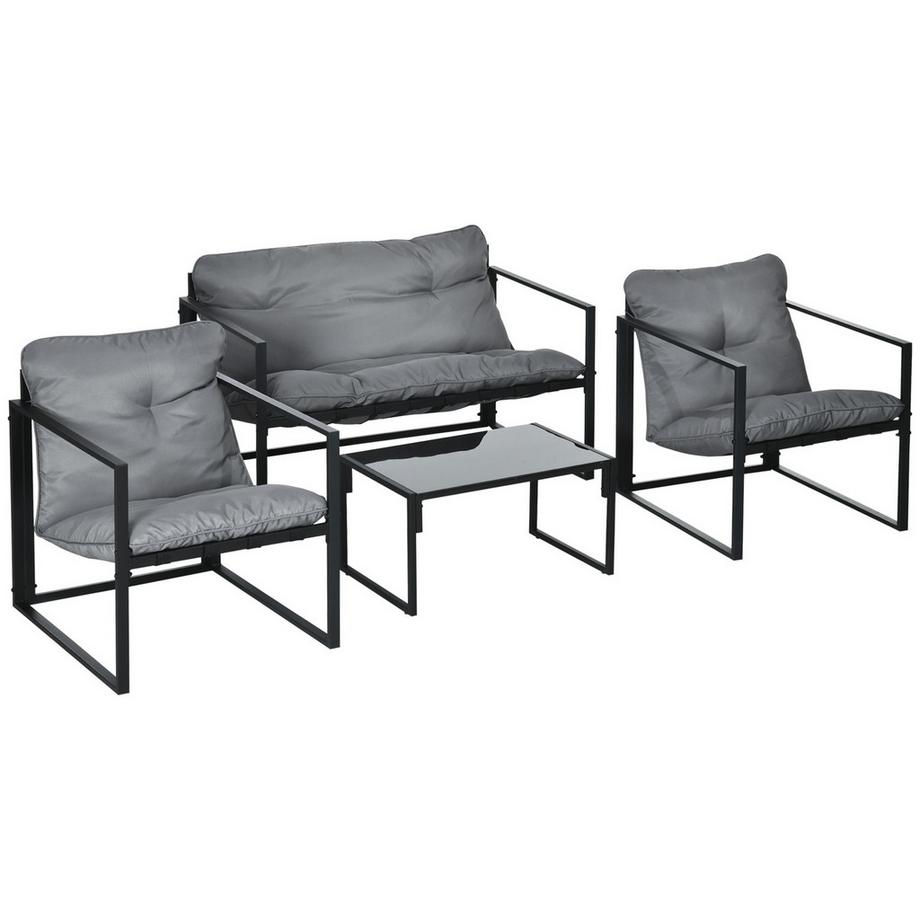 Balkonmöbel Mit Sitzkissen, Gartenlounge-Set, Doppelsofa, 2 Sessel, Couchtisch, Grau+Schwarz