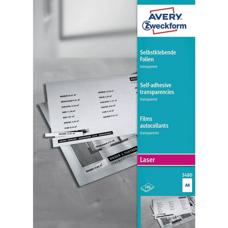 Avery Zweckform  Transparente, selbstklebende Folien, DIN A4, stapelverarbeitbar, selbstklebend, Stärke: 0.14 mm 
