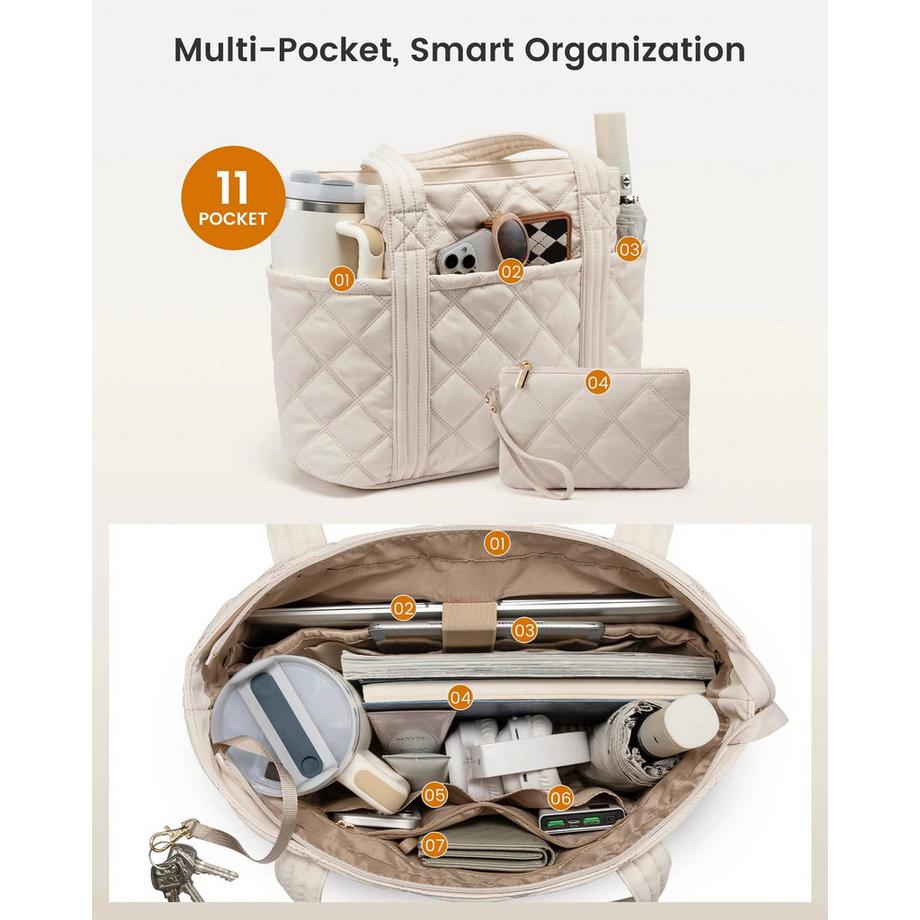 Only-bags.store Gesteppte Shopper Tasche mit 11 Taschen und abnehmbarem Portemonnaie  