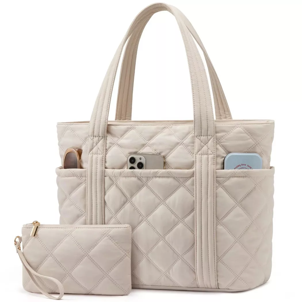 Only-bags.store - Puffer-Einkaufstasche, Arbeitstasche, Schultasche, Laptoptasche, Umhängetasche, für Damen, Beige, Größe Onesize