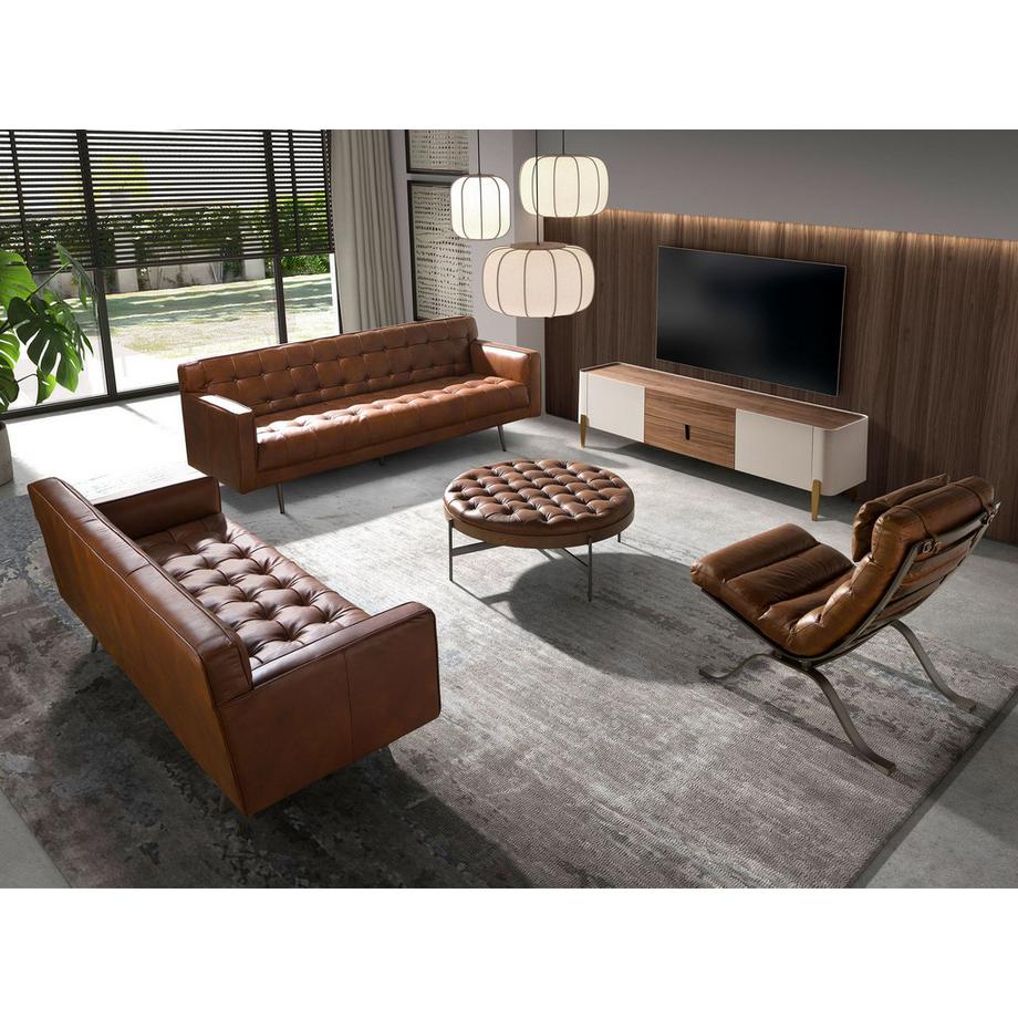 ANGEL CERDA Table basse ronde en cuir brun foncé, noyer et acier foncé  