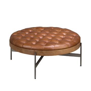 Table basse ronde en cuir brun foncé, noyer et acier foncé
