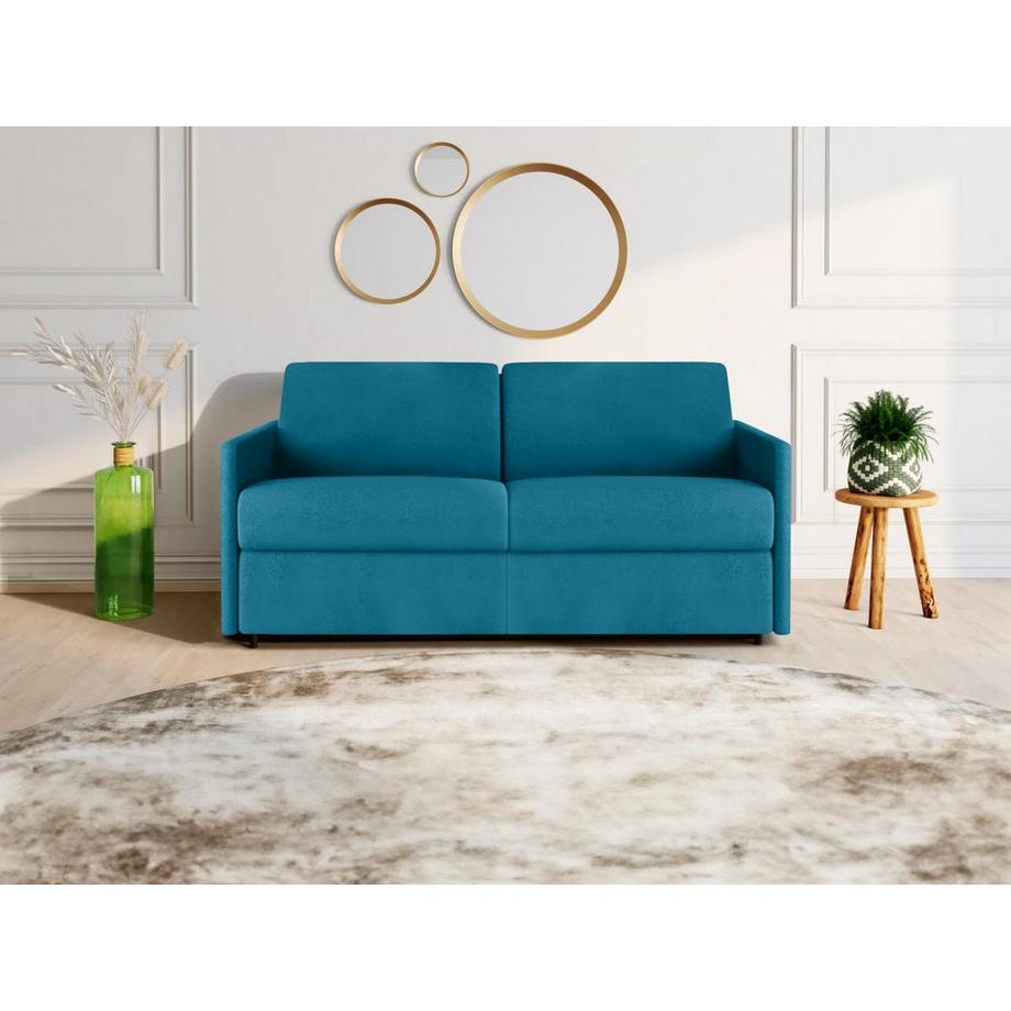 Vente-unique Canapé 3 places conible express en tissu CALIFE Turquoise Couchage 1Matelas  