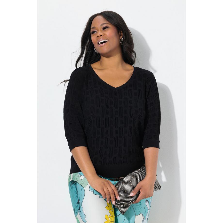 Ulla Popken Strickshirt 3D Design Oversized V-Ausschnitt Halbarm  