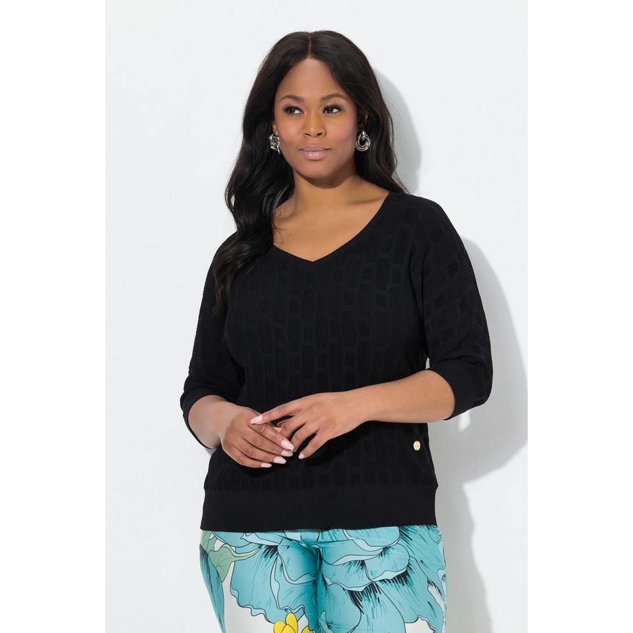 Ulla Popken Strickshirt 3D Design Oversized V-Ausschnitt Halbarm  