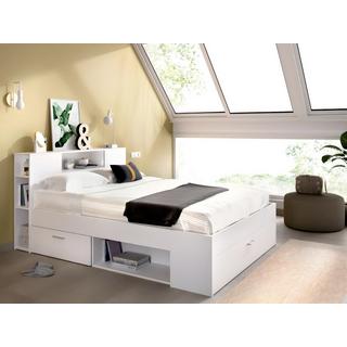 Vente-unique Letto con testata con vani portaoggetti e cassetti 140 x 190 cm: Bianco + Rete LEANDRE  