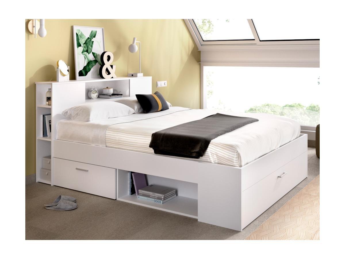 Vente-unique Letto con testata con vani portaoggetti e cassetti 140 x 190 cm: Bianco + Rete LEANDRE  