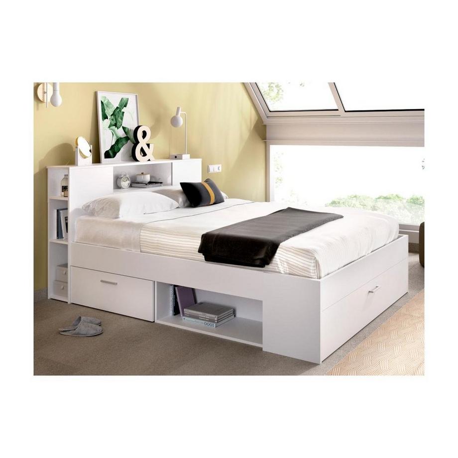 Vente-unique Letto con testata con vani portaoggetti e cassetti 140 x 190 cm: Bianco + Rete LEANDRE  