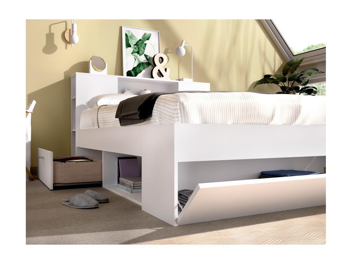 Vente-unique Letto con testata con vani portaoggetti e cassetti 140 x 190 cm: Bianco + Rete LEANDRE  