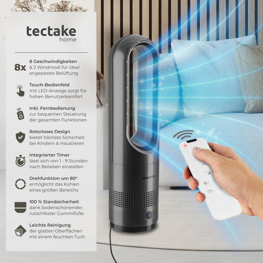 Tectake Turmventilator Polar 80° Oszillation, 20 W 8 Geschwindigkeitsstufen, Maximal- und Schlafmodus  